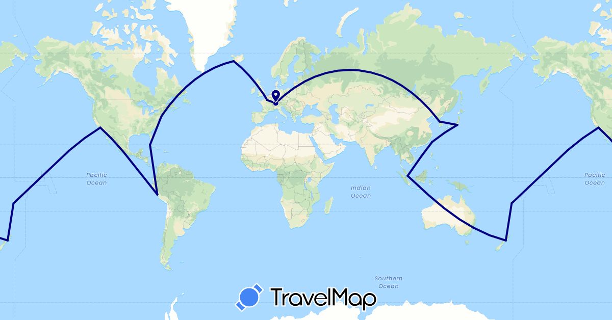 TravelMap itinerary: driving in Australia, Switzerland, Cuba, Fiji, France, United Kingdom, Iceland, Japan, South Korea, New Zealand, Peru, Singapore, Taiwan, United States (Asia, Europe, North America, Oceania, South America)